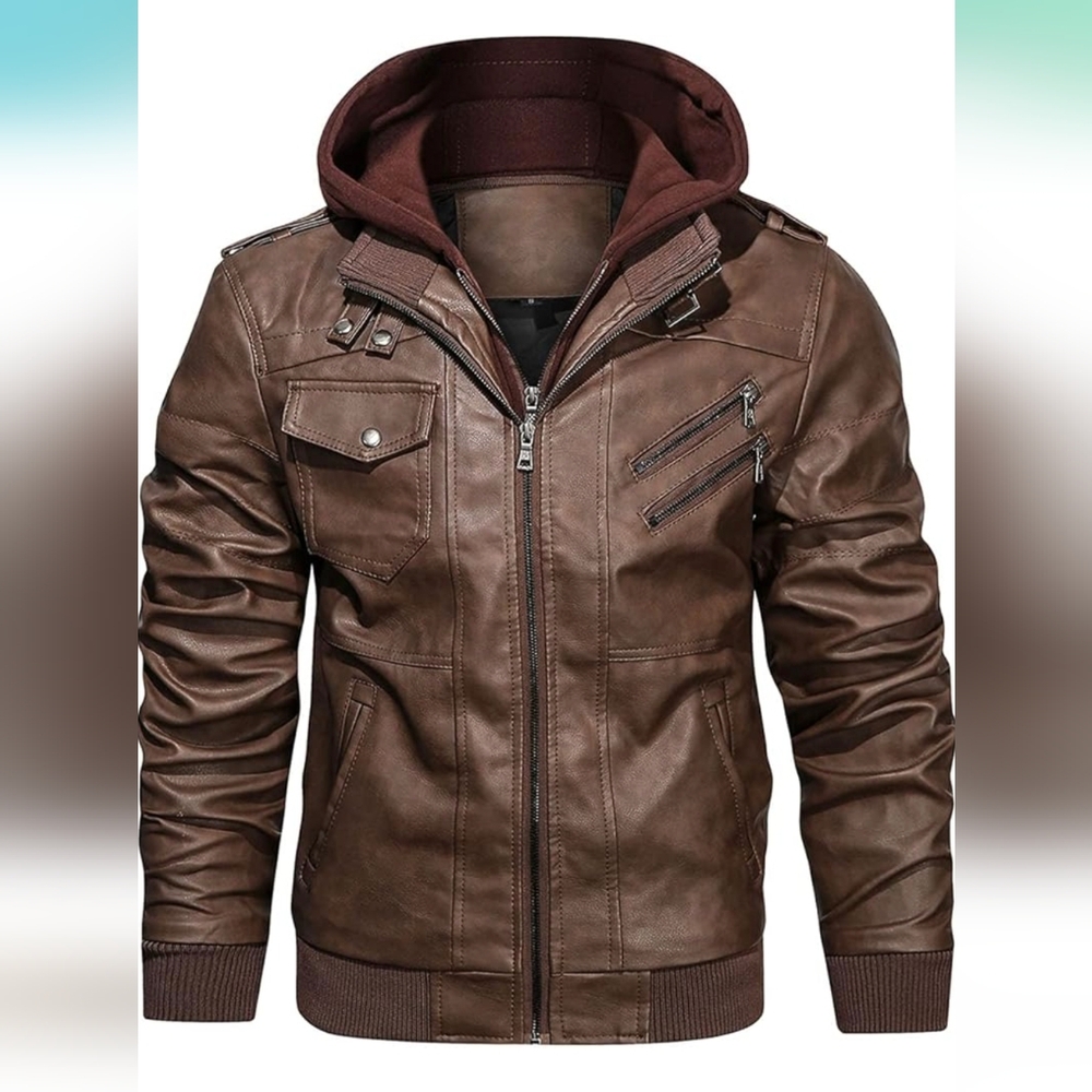 NWOT HOOD CREW Brown Motorcycle  Bomber Jacket with Built-in Hood